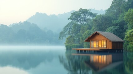Fototapeta premium Wooden cabin on serene lake, misty mountains