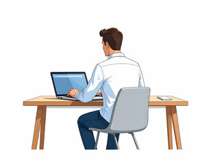 Businessman sitting on chair works on laptop at office desk