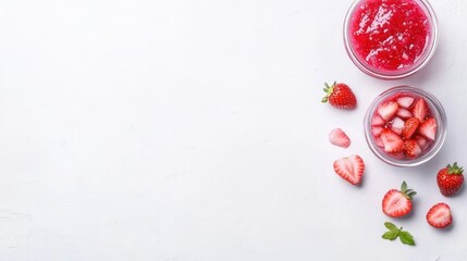 Fototapeta premium Fresh strawberries and homemade strawberry jam overhead view
