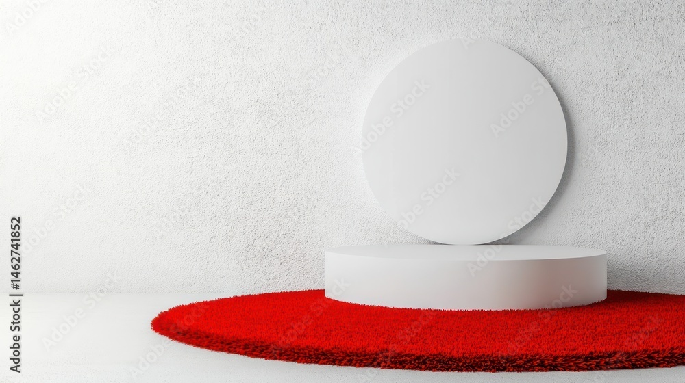 Poster White minimalist product display platform with red carpet and circle backdrop