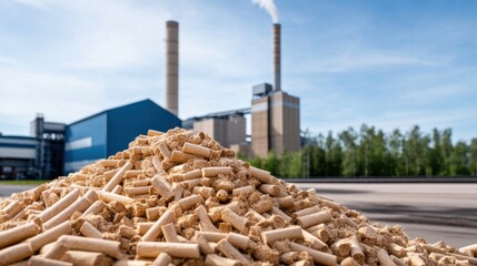Pile of wooden pellets with industrial facility and smokestacks in background