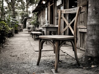Rustic wooden chair in outdoor cafe setting
