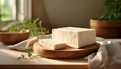 Hausgemachter Tofu in Holzpresse auf Leinentuch