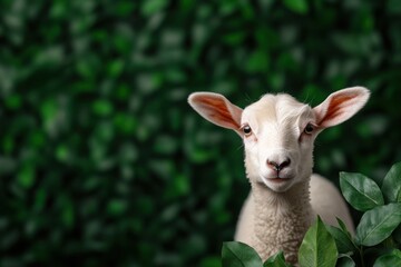 Fototapeta premium Cute young lamb peeks through green foliage with curious expression in a lush setting