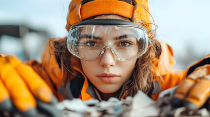 A determined young woman in orange safety gear and protective goggles gazes forward. This image is ideal for themes of hard work industrial safety environmental cleanup and female empowerment.