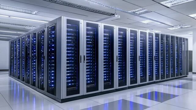 Server room datacenter full of rack servers with bright blue lights for technology data