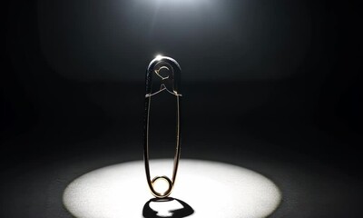 Single metal safety pin under spotlight on dark background - Powered by Adobe