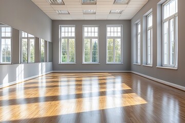 Luxurious home fitness room sleek wooden floor full length mirror clean open space natural light streaming through large window photorealistic detail modern minimalist design high clarity 8K interior