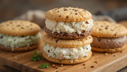 Ice cream sandwiches stacked on a rustic wooden board with chocolate chips and mint accents
