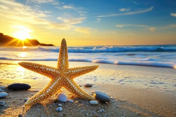 Fototapeta na wymiar Starfish on Sandy Beach Pebbles and Sea Waves under Bright Sunlight During Sunset
