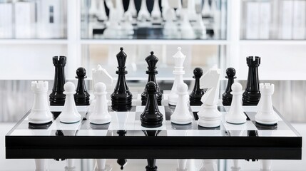 Black and white chess pieces on a board.