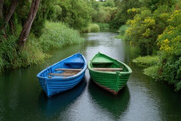 Serene River Scene: Two Rustic Boats in Lush Greenery