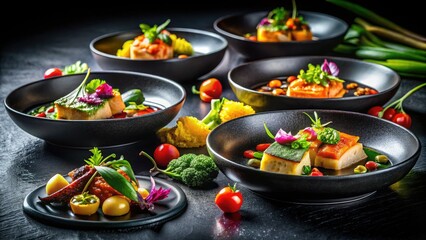 Realistic Carbon Fiber Food Photography: Stunning Black Texture Plates & Bowls