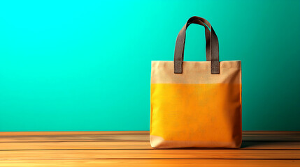 Yellow Tote Bag with Animal Print Handles on Wooden Table Against Teal Background