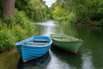 Serene River Scene: Two Rustic Boats in a Tranquil Green Setting