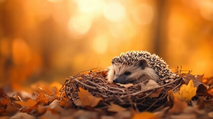 Obraz premium Hedgehog sleeping autumn leaves nest sunlight.