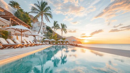 Obraz premium Tropical resort poolside sunset view