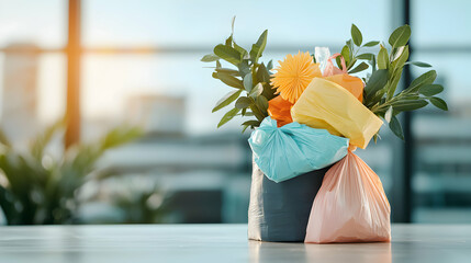 Vibrant plastic bags arranged like a modern art bouquet on a clean surface. Ideal for sustainability campaigns or decorative waste management concepts.