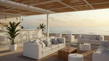 Modern beachfront lounge area with white sofas, wooden tables, and a bar overlooking the ocean