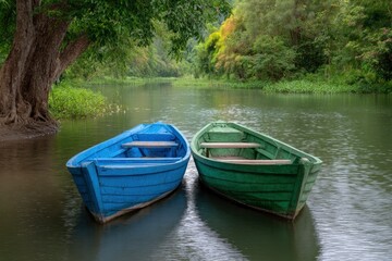 Serene River Scene: Two Rustic Boats Moored in Tranquil Waters