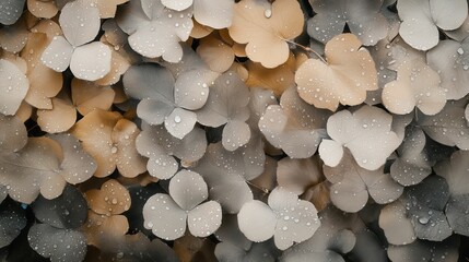 Dew-covered leaves, various tones, autumnal.
