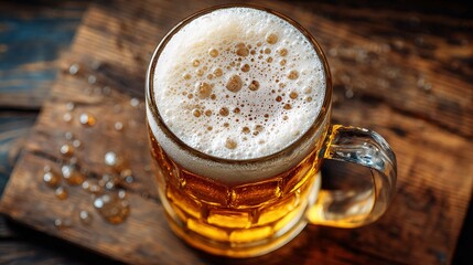 A frosty mug of beer brimming with refreshing foam, perfect for a relaxing evening, top view
