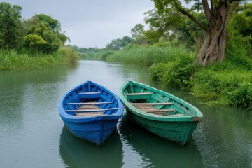 Serene River Scene: Two Colorful Boats Moored in Tranquil Waters