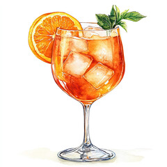 Watercolor illustration of an Aperol Spritz cocktail with orange, isolated on a white background.