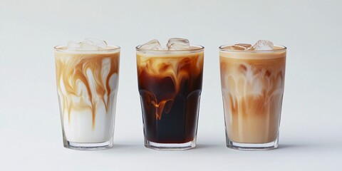 Three refreshing iced coffee drinks with unique swirls of cream