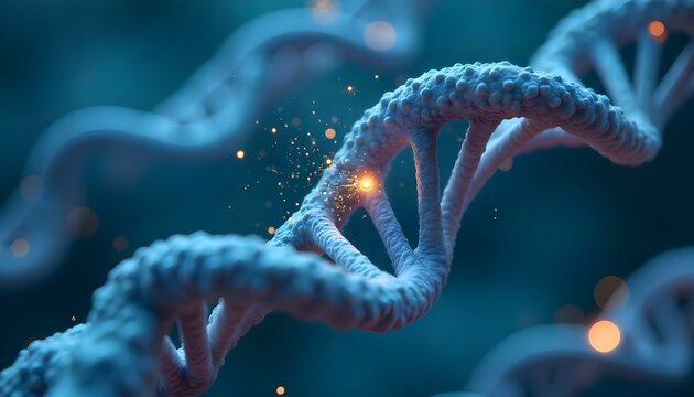 High-Resolution 3D Scientific Visualization of Blue DNA Double Helix in Macro Microscopic View with Textured Molecular Surface and Floating Particles