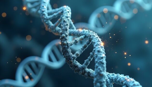 High-Resolution 3D Scientific Visualization of Blue DNA Double Helix in Macro Microscopic View with Textured Molecular Surface and Floating Particles
