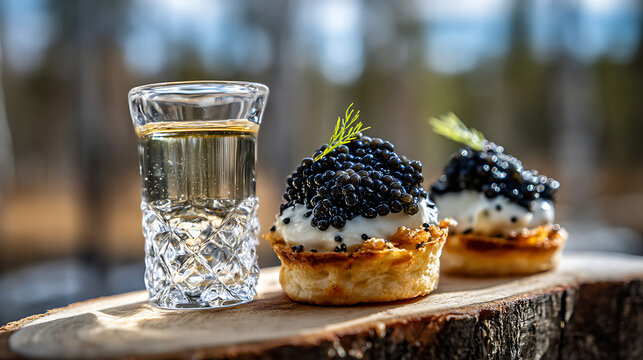 Indulge in luxurious culinary experience with caviar topped blinis served alongside shot of clear spirit. elegant presentation evokes sophistication and delight