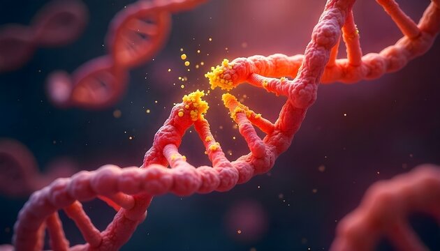 Microscope-Style 3D Concept Render of Broken Red-Orange DNA Double Helix with Floating Yellow Nucleotide Fragments Illustrating Genetic Mutation
