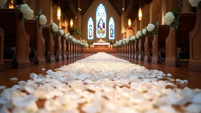 Church aisle decorated with petals, for wedding ceremony