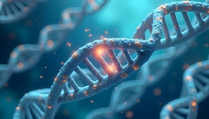 Microscope-Style 3D Concept Render of Broken Blue DNA Helix with Floating Nucleotide Fragments Highlighting Genetic Mutation and Disease