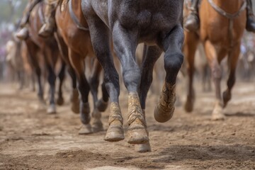 Fototapeta premium Galloping Horses: Dust, Dynamism, and Decorated Hooves