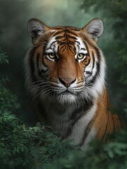 Obraz premium Majestic Tiger Portrait: Serene Gaze in Lush Forest