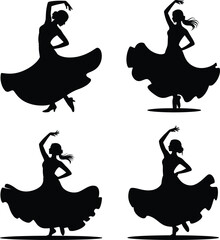 Set of Female Flamenco Dancer Silhouette Mid-Spin – Flowing Dress Vector in Traditional Pose on White Background