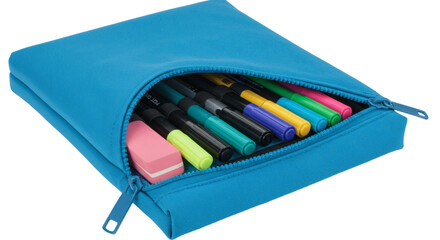Naklejka premium Open pencil pouch with colorful school supplies visible, perfect for back-to-school visuals and organization guides