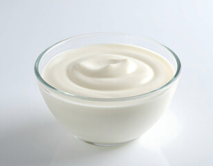 Yogurt in glass containers with creamy textures on a clean white background