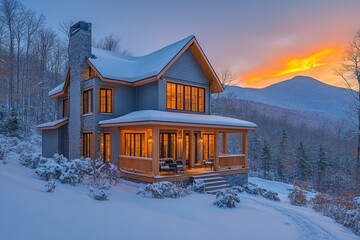 A beautiful two story grey modern home with wooden accents in the woods of New Hampshire,