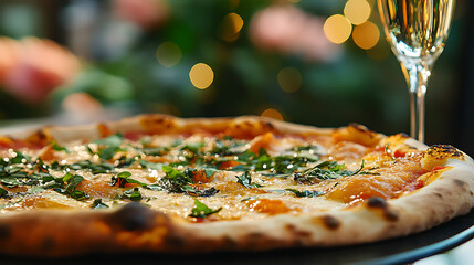 Delicious pizza topped with fresh herbs and melted cheese, served alongside sparkling champagne flute, creates festive and elegant dining experience