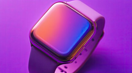 Wearable tech lifestyle: a smartwatch with shimmering pastel screen over lavender purple background.
