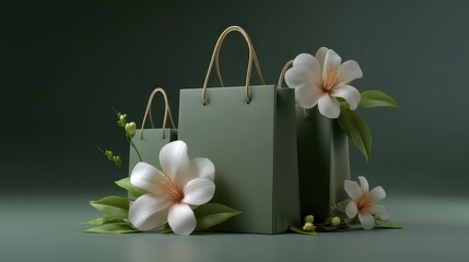 shopping bags, large plain price tags with no text and number, and floral elements for sale promotion