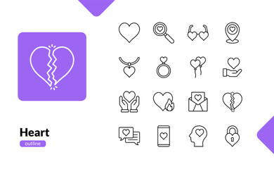 heart love valentine romantic celebrating relationship outline line icon set