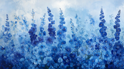 Beautiful arrangement of blue delphiniums creates serene and calming atmosphere, showcasing various shades of blue soft, painterly style. flowers stand tall, evoking sense of tranquility and peace