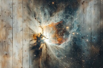 Cosmic nebula bursts forth, vibrant colors and textures against a rustic wooden backdrop.