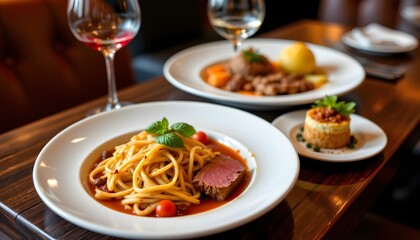 title: a delicious meal at a fancy restaurantcreate an image of a luxurious meal served in an upscale restaurant, the focus should be on the food, which could include dishes such as gourmet pasta