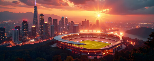 on a neon-lit cityscape background with towering skyscrapers and a sprawling sports stadium that's bathed in bright lights, with plenty of open space to provide balance and dynamism. Utilize a bold mo