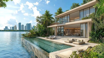 Fototapeta premium Luxurious waterfront home with pool